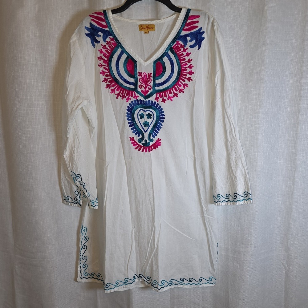 Sunflower Brand Embroidered Cotton‎ KURTA Size 1X White Cover Up Tunic